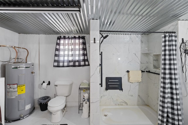 bathroom featuring electric water heater, toilet, and walk in shower