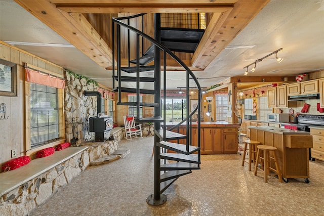 interior space with rail lighting, wood walls, and a wood stove