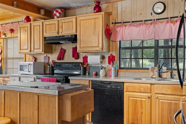 kitchen featuring black appliances, tasteful backsplash, and sink