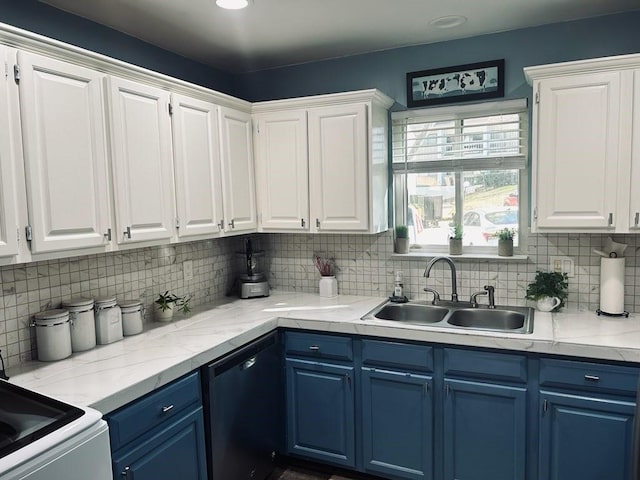 kitchen featuring blue cabinetry, decorative backsplash, sink, and black dishwasher