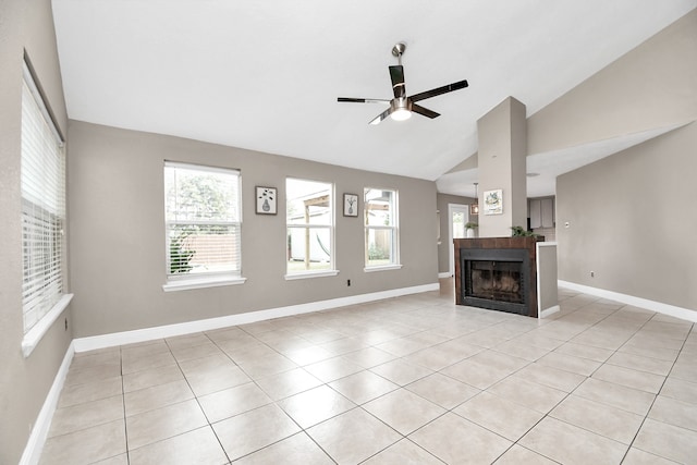 unfurnished living room featuring high vaulted ceiling, ceiling fan, and light tile patterned floors