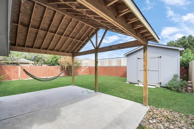 view of patio / terrace with a storage shed