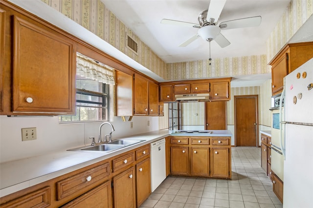 kitchen with ceiling fan, sink, light tile patterned floors, and white appliances