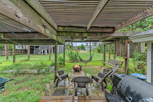 view of patio featuring a fire pit, grilling area, and fence