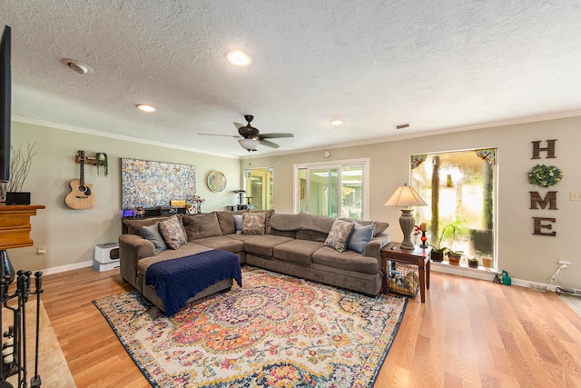 living area with a textured ceiling, visible vents, baseboards, light wood finished floors, and crown molding