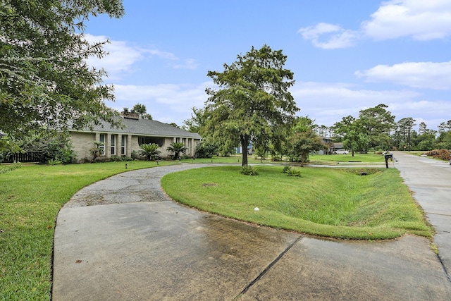 view of home's community featuring curved driveway and a lawn