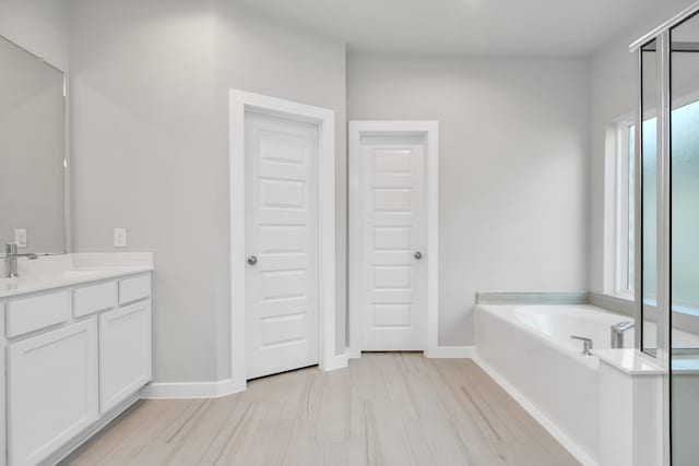 bathroom with vanity, a washtub, and a wealth of natural light