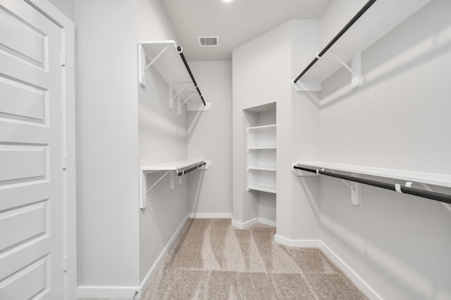 walk in closet with light colored carpet