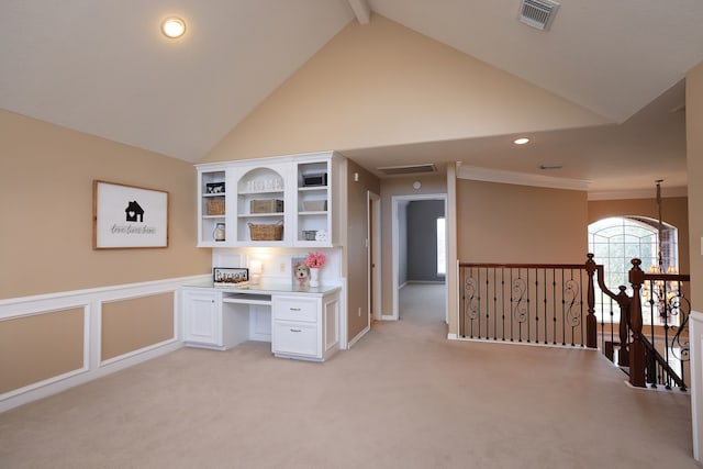 unfurnished office featuring high vaulted ceiling, visible vents, recessed lighting, and light colored carpet