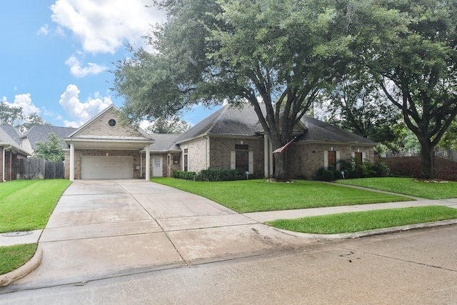 ranch-style house featuring a garage and a front lawn