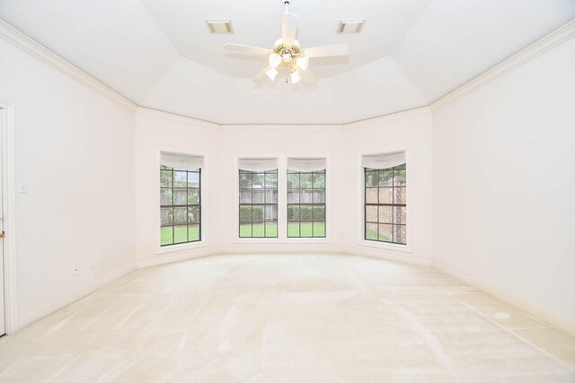 spare room featuring a raised ceiling, ceiling fan, ornamental molding, and light carpet