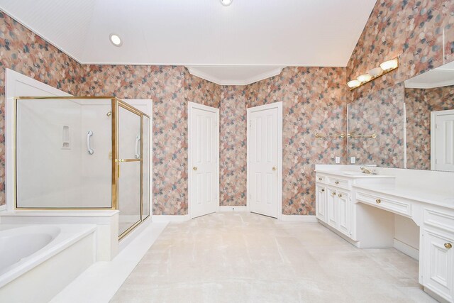 bathroom with crown molding, vanity, vaulted ceiling, and independent shower and bath