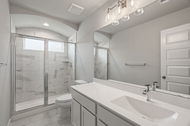 8427 Northern Pintail Dr, Houston, TX 77049 - full bathroom featuring marble finish floor, toilet, a stall shower, and visible vents