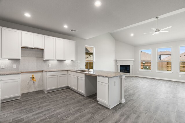 8427 Northern Pintail Dr, Houston, TX 77049 - kitchen with a sink, a ceiling fan, a peninsula, open floor plan, and visible vents