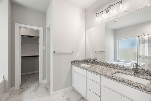 bathroom with vanity and plus walk in shower