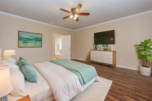 bedroom featuring ceiling fan, connected bathroom, crown molding, and dark hardwood / wood-style flooring