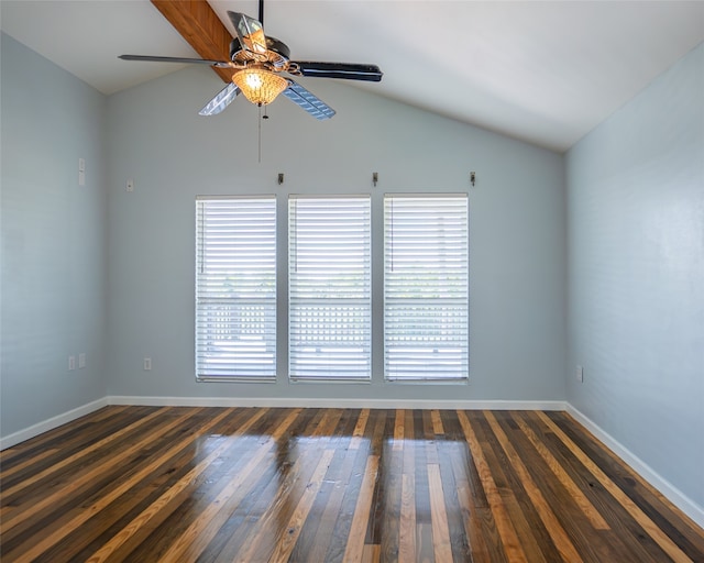 unfurnished room with dark wood-type flooring, ceiling fan, and lofted ceiling