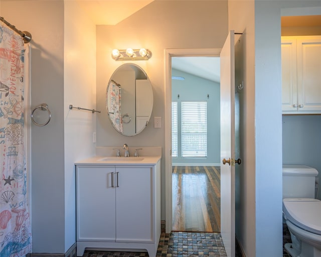 bathroom with vanity, vaulted ceiling, hardwood / wood-style floors, and toilet