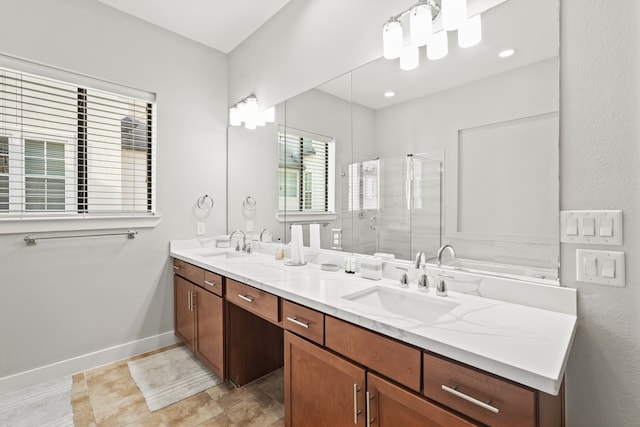 bathroom featuring vanity and plus walk in shower