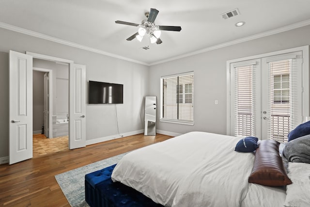 bedroom featuring hardwood / wood-style floors, ceiling fan, crown molding, and access to outside