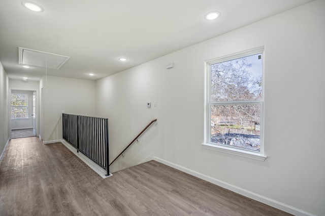 hall with a wealth of natural light and hardwood / wood-style flooring