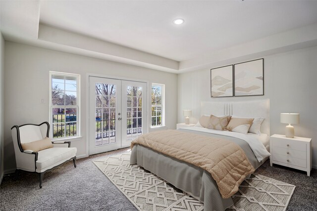 bedroom with carpet flooring, french doors, and access to outside