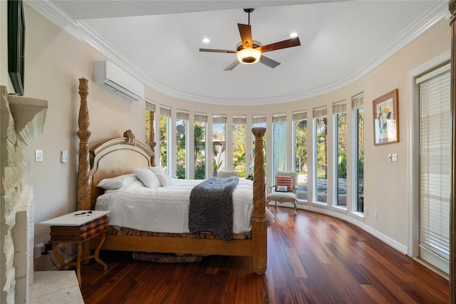 bedroom featuring ceiling fan, hardwood / wood-style flooring, multiple windows, and crown molding