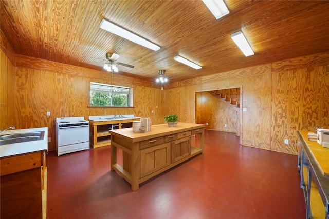 kitchen with wooden walls, wood ceiling, sink, ceiling fan, and white electric range oven