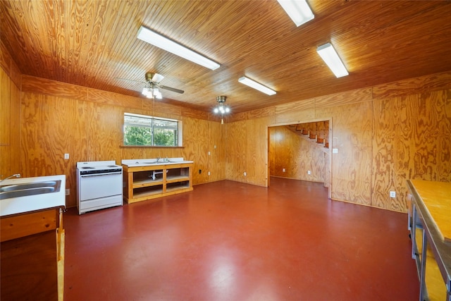 misc room featuring wood ceiling, ceiling fan, wood walls, and sink