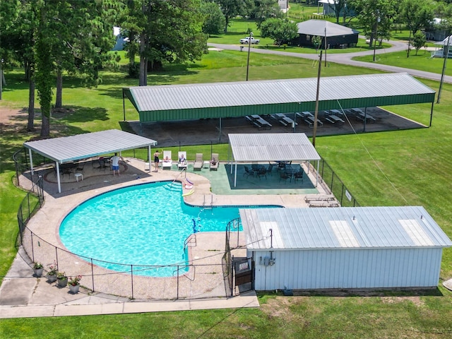 view of swimming pool with a yard, a patio area, and a gazebo