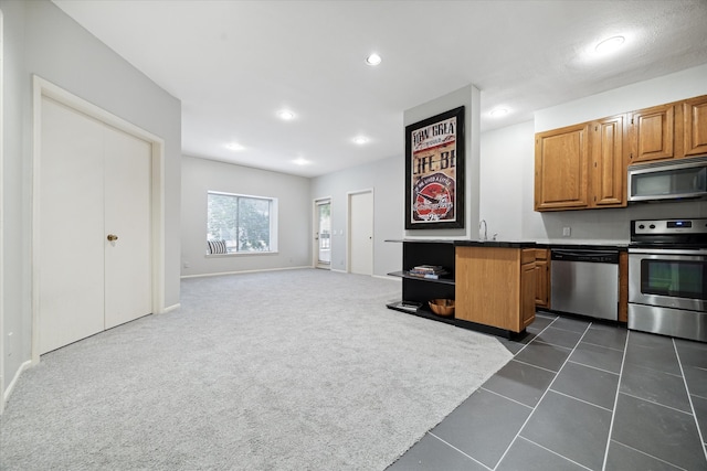 kitchen with dark colored carpet, stainless steel appliances, and sink