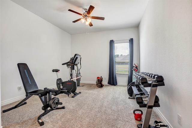 workout room featuring carpet and ceiling fan