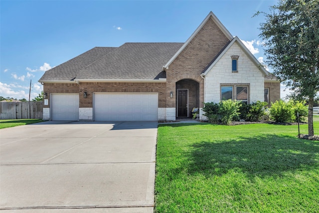 view of front of home with a front yard and a garage