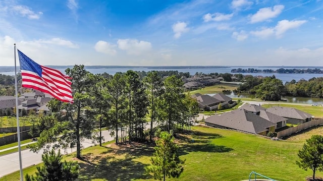 aerial view featuring a water view