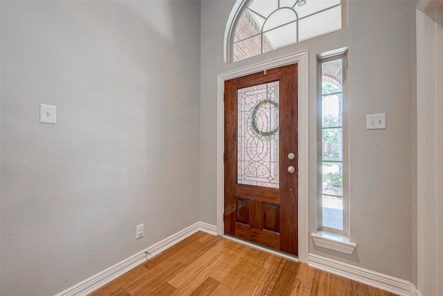 foyer featuring a healthy amount of sunlight, light wood-type flooring, and baseboards