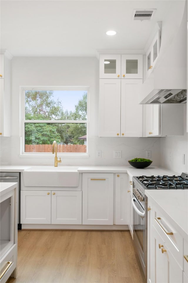 kitchen with stainless steel range with gas cooktop, sink, custom exhaust hood, and white cabinets