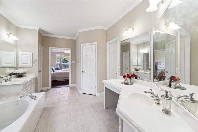 bathroom with tile patterned flooring, crown molding, tiled bath, and vanity