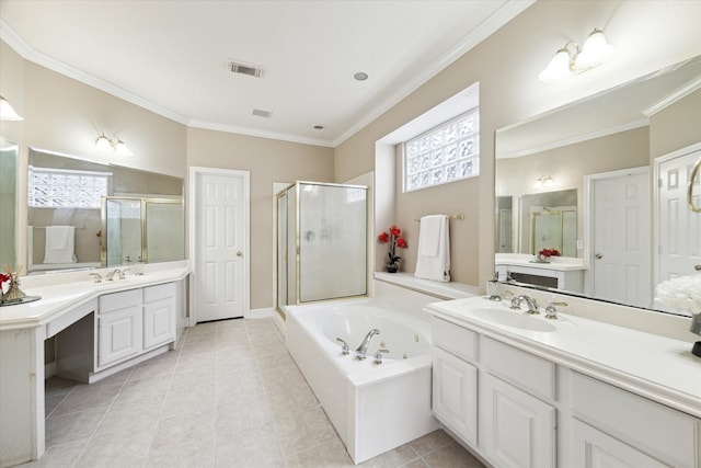 bathroom featuring vanity, ornamental molding, independent shower and bath, and tile patterned floors