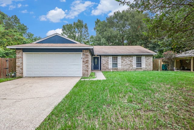 ranch-style house with a garage and a front lawn