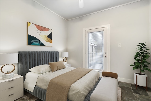 bedroom featuring crown molding and ceiling fan