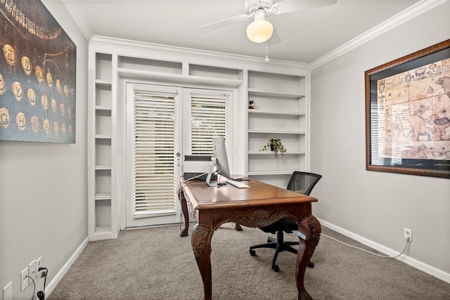 office with carpet floors, built in features, ceiling fan, and ornamental molding