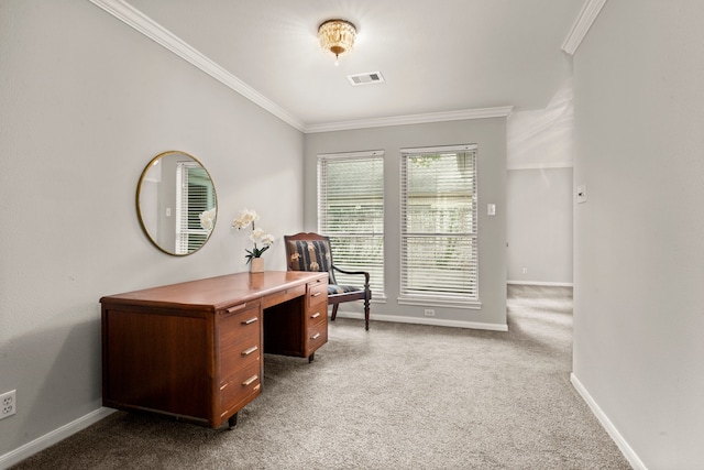 office with carpet flooring and crown molding