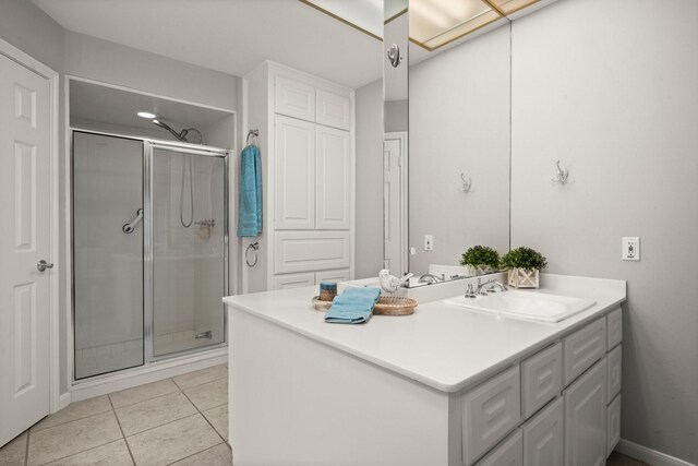 bathroom with tile patterned flooring, vanity, and a shower with door