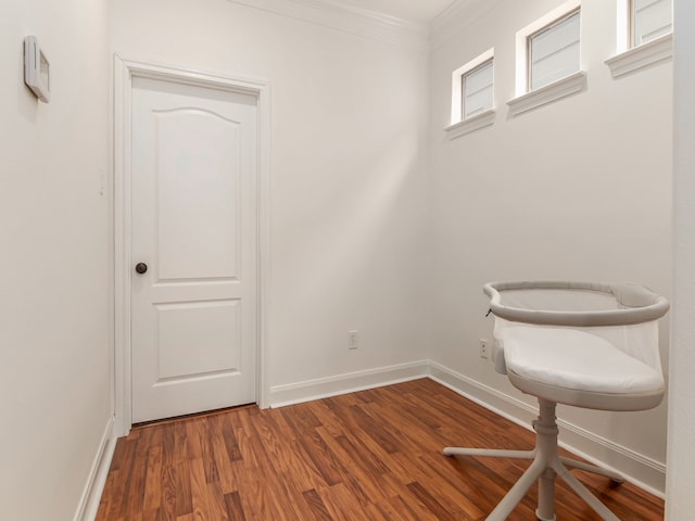 unfurnished room with crown molding and wood-type flooring