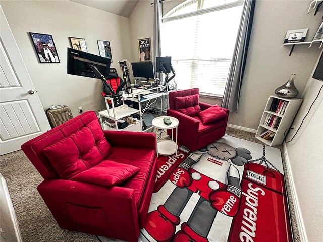 home office with carpet and vaulted ceiling