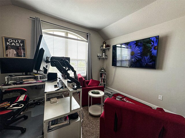 carpeted office featuring lofted ceiling and a textured ceiling