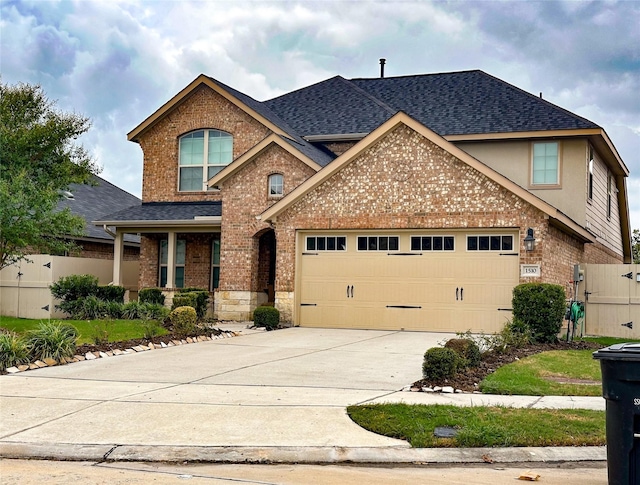 view of front of home featuring brick siding, a shingled roof, concrete driveway, an attached garage, and fence