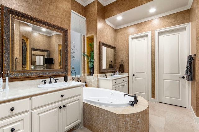 bathroom with crown molding, vanity, a relaxing tiled tub, and tile patterned flooring