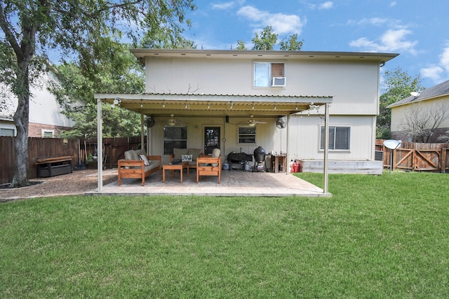 back of property featuring a lawn, a patio, an outdoor hangout area, and a pergola