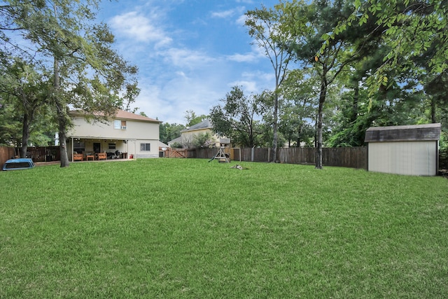 view of yard with a storage shed and a patio area